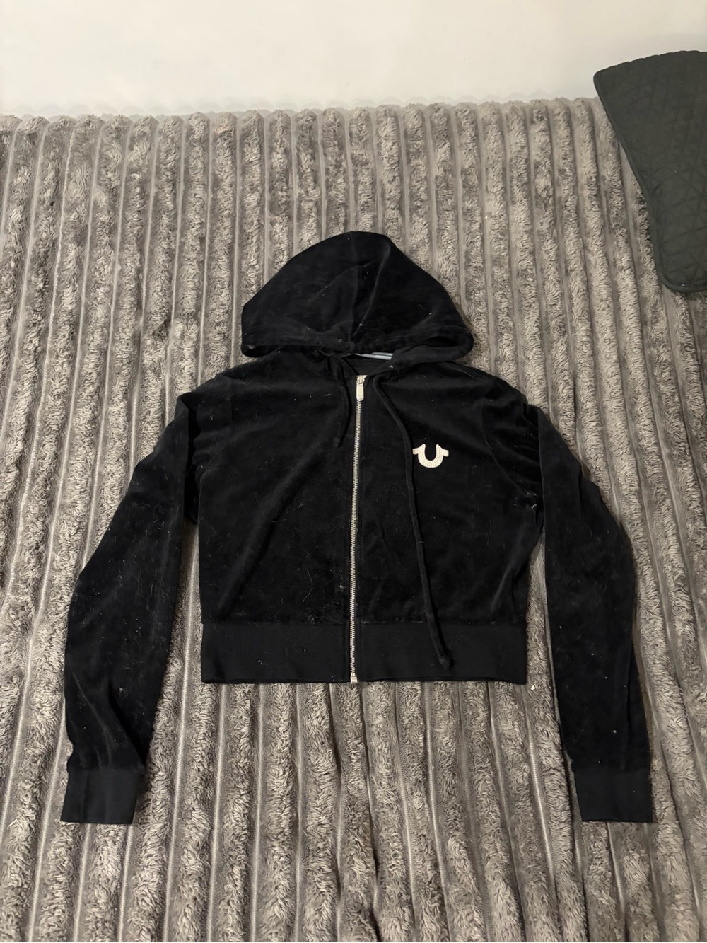 True Religion Black Velvet Zip-Up Hooded Bomber